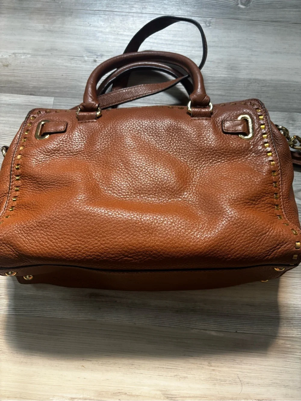 Michael Kors Brown Leather Studded Satchel Crossbody Shoulder Bag